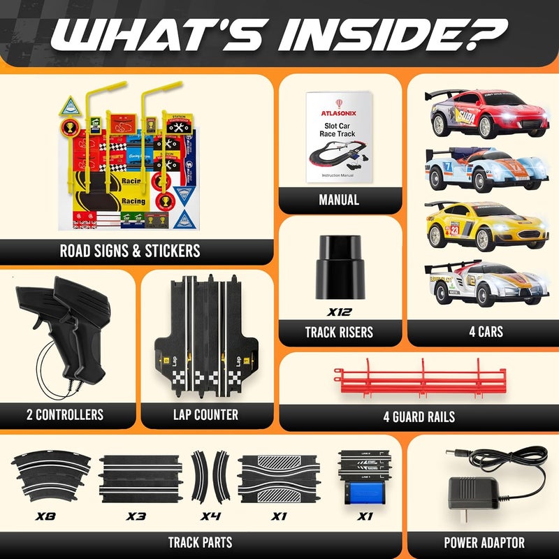 Atlasonix مجموعة مسارات سباق السيارات السريعة، سيارات سباق - مجموعة مسار سباق السيارات الكهربائية، 4 مسارات سيارات عالية السرعة للأطفال، سيارة تحكم عن بعد، ألعاب هدايا للأولاد - 115' مسار سباق - Image 4